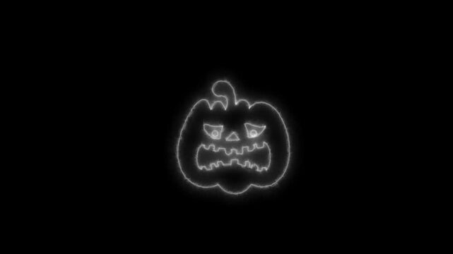 Glowing White Neon Halloween Pumpkin Outline Animation on Black Background 4K