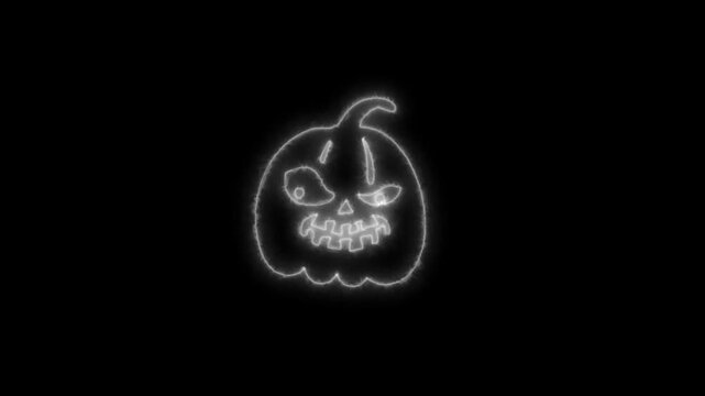 Glowing White Neon Halloween Pumpkin Outline Animation on Black Background 4K