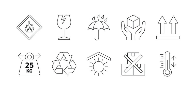 Packaging and shipping instruction line icons including fragile, flammable, keep dry, recycle, and handle with care symbols for logistics and transport