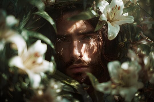 Closeup portrait of a man with long hair and beard looking through white lilies in a moody and cinematic garden