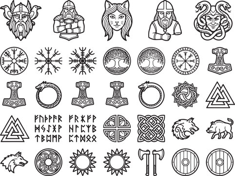 A compilation of Norse mythology symbols and runic alphabet, featuring iconic images like Thor's hammer, Odin's ravens, the Valknut, Yggdrasil, and various knotwork designs.