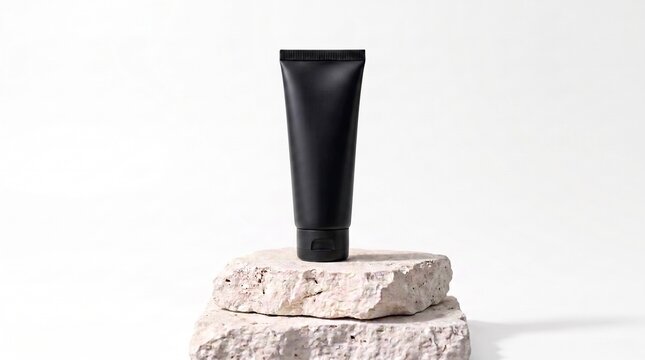 black Mockup product package tube container design on stone display. isolated on white background.
