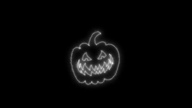 Glowing White Neon Halloween Pumpkin Outline Animation on Black Background 4K