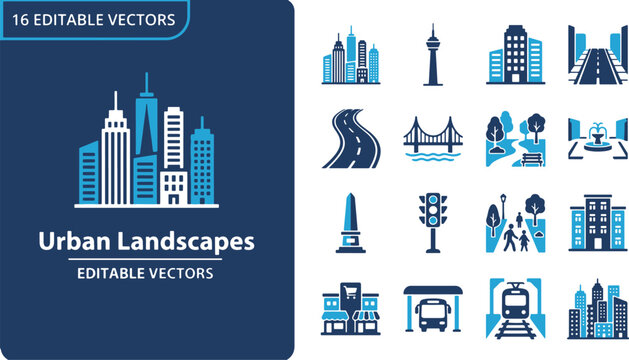 Vector set of blue city icons showing urban buildings, skyscrapers, transport, roads, bridges, and city landmarks.