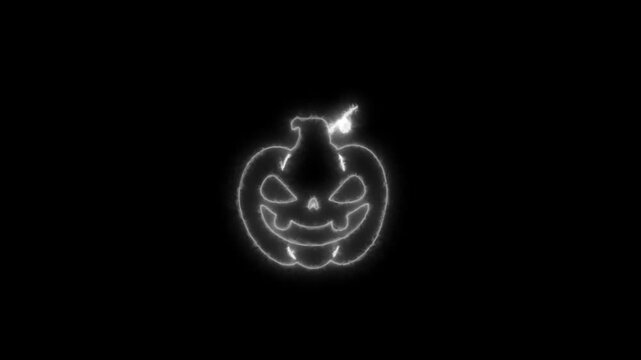 Glowing White Neon Halloween Pumpkin Outline Animation on Black Background 4K