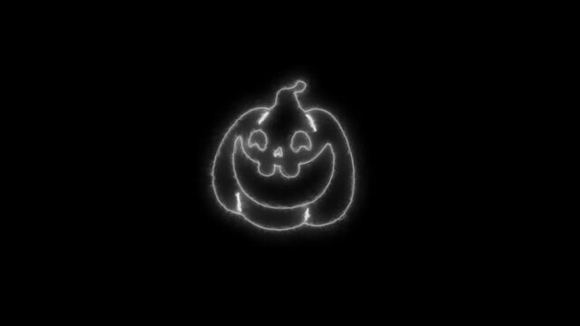 Glowing White Neon Halloween Pumpkin Outline Animation on Black Background 4K