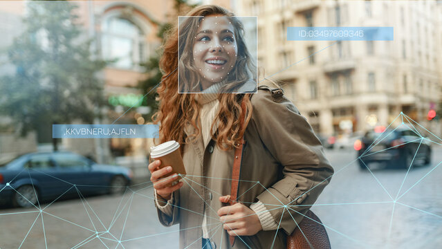 Woman with coffee cup walking on city street with facial recognition overlay and data tags