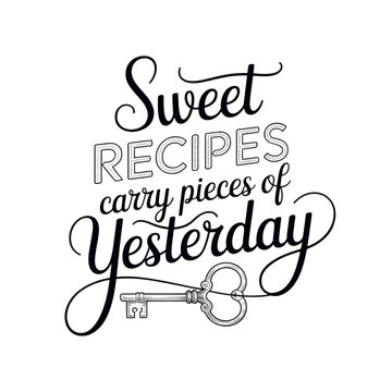 Sweet recipes carry pieces of yesterday hand lettering typography quote with a vintage key illustration for kitchen decor and nostalgic food design projects illustration