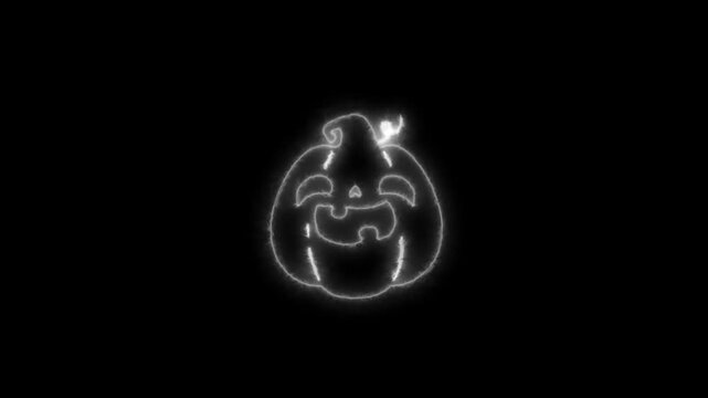 Glowing White Neon Halloween Pumpkin Outline Animation on Black Background 4K