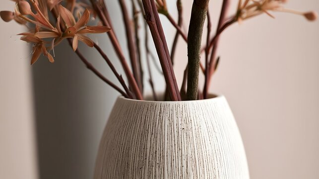 A textured white vase holds dried branches and delicate peach toned flowers against a soft neutral background