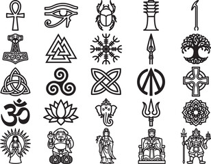 Fototapeta premium Collection of ancient mystical symbols and cultural icons, from Egyptian hieroglyphs and Norse mythology to Eastern spiritual emblems, representing diverse belief systems and ancient wisdom.