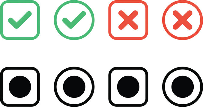 Set of check marks and cross marks with radio buttons for a clean professional vector design project