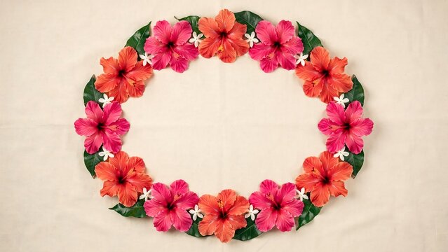 Oval lei made of vibrant pink and coral hibiscus flowers and small white plumeria flowers surrounded by lush green leaves on a light beige background a tropical floral garland for vacation.