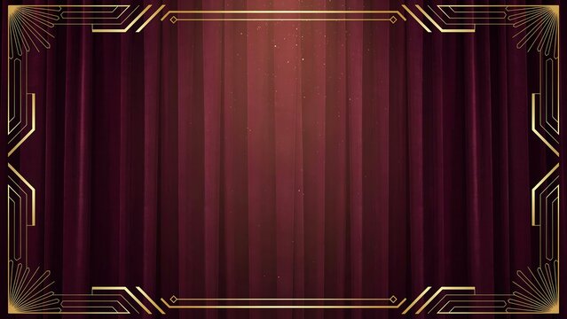 Red velvet curtain background adorned with exquisite art deco gold frame border featuring glowing light particles creating glamorous theatrical atmosphere for event flyers and gala posters.