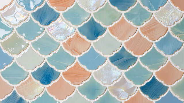 Blue scalloped ceramic tile wall background