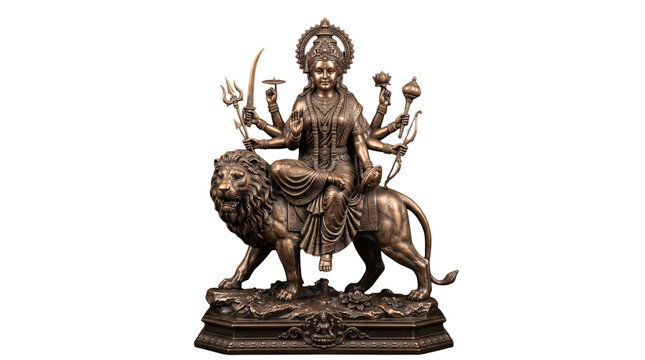 Bronze statue of hindu goddess durga riding a lion, isolated on transparent background