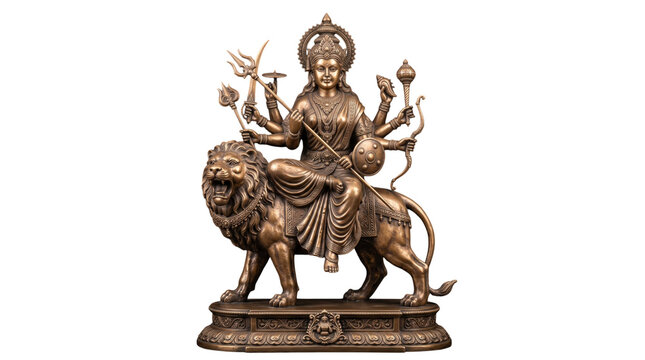 Bronze statue of hindu goddess durga on a lion, isolated on transparent background
