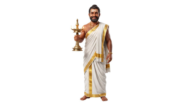 South indian man in traditional attire holding a lamp, isolated on transparent background