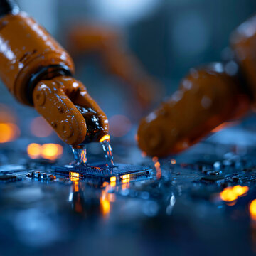 Industrial robotic arm soldering microchip on printed circuit board in factory