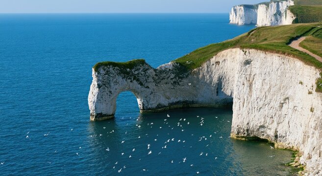 Dramatic white chalk sea arch and cliffs rise majestically from the turquoise ocean