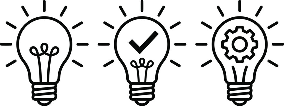 Light bulb icons representing innovation and ideas with checkmark and gear symbols for creative business solutions innovation creative solution thinking strategy business