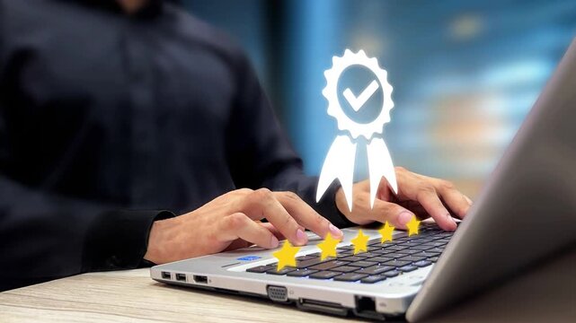 Quality Control and Assurance. Standardization and Certification. Businessman Verifying ISO Quality Inspection on Laptop Virtual Screen. Compliance Process, Modern Quality Management System. 4K Video