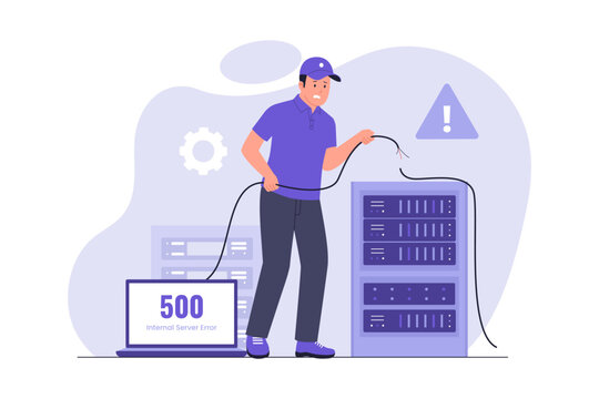 500 Internal Server Error Broken Cable Concept. IT technician panicking while holding a cut severed cable next to server rack unit for 500 internal server error page