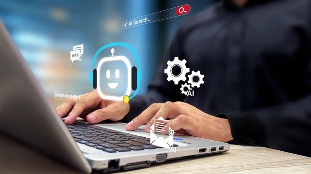 Entrepreneur Using Friendly Robot Assistant, Personal AI Bot to Automate Business Tasks. Artificial Intelligence, Workflow Automation, Smart Productivity, Business Operations, AI Technology. 4K Video