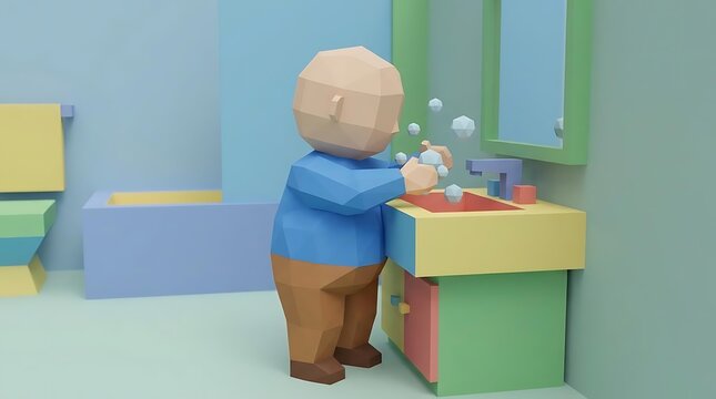 Low poly 3D character washing hands in bathroom sink.