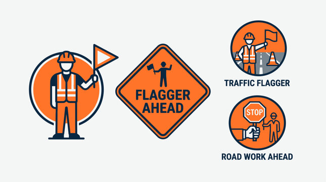 Road Flagger Warning Sign Construction Icon