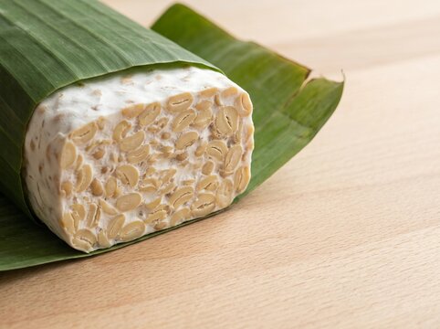 Fresh Indonesian Tempeh Wrapped in Banana Leaf Showing Traditional Fermented Soybean Texture