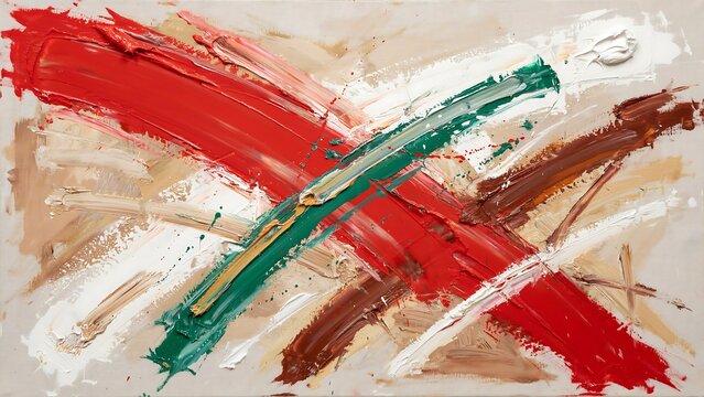 Bold abstract expressionism painting with vibrant red, green, and brown strokes on white background, modern art evoking energy and emotion.