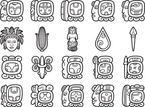 Collection of ancient Mayan glyphs, featuring portraits, symbols of agriculture and mythology, and hieroglyphic text, presented in a clean, graphic style.