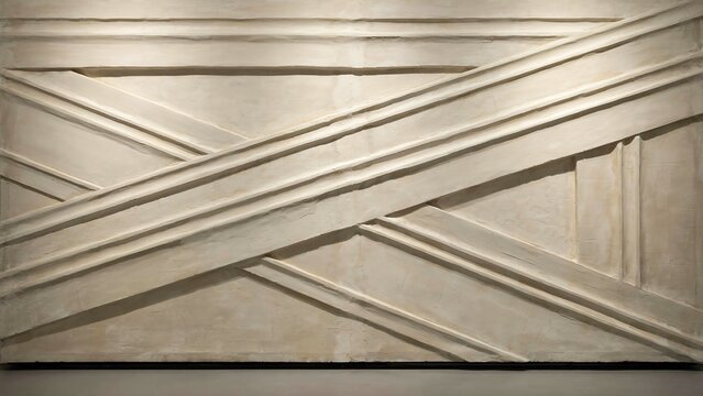 Abstract minimalist relief sculpture in light beige plaster, featuring geometric diagonal lines and rectangular shapes creating textured pattern.