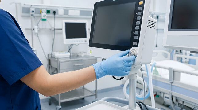 Nurse Adjusting Patient Monitor Settings in Intensive Care Unit Hospital Room