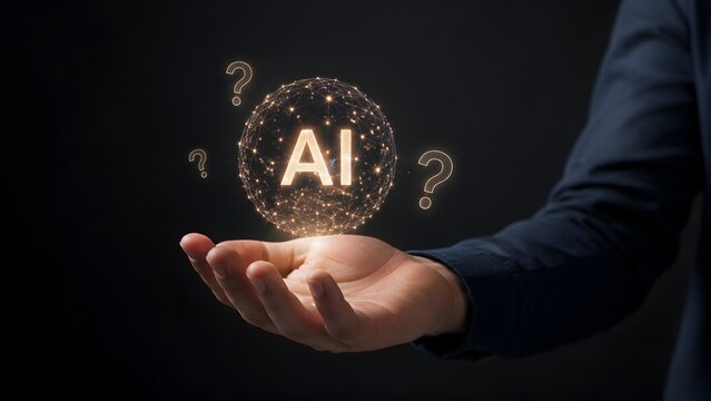 Artificial intelligence consulting concept highlighting a business hand holding a glowing AI network sphere evaluating complex machine learning ethics and solutions