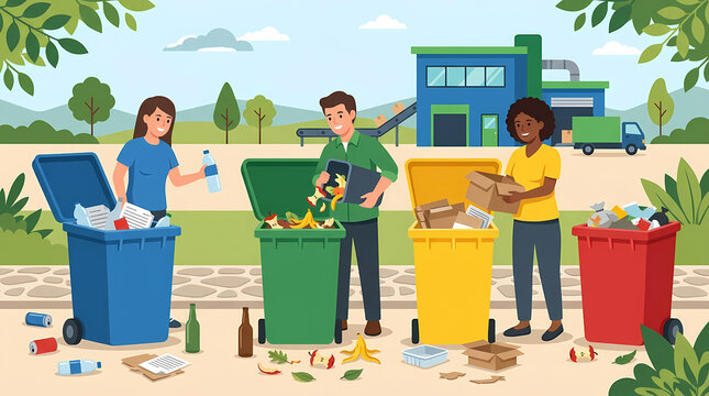 People are actively participating in waste sorting and recycling at a designated facility. Each person is contributing to the effort by placing different types of waste into color-coded bins.