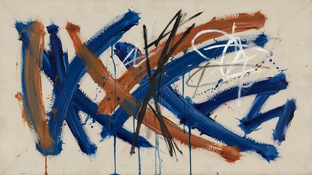 Modern abstract expressionist painting featuring energetic blue brown and black brushstrokes on neutral background with splattered ink and white line work representing dynamic movement.