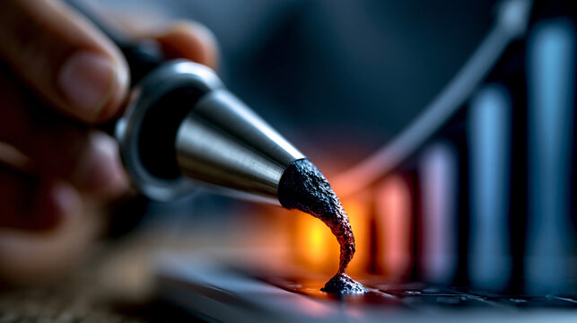 Professional hand holding a metallic tool applying dark liquid drops on a financial