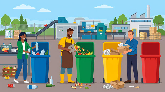 People sort waste into colored bins at a modern recycling plant, illustrating the process of waste management and environmental responsibility.
