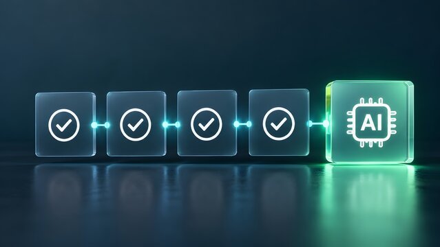 AI workflow automation process featuring sequential checkmark approval steps on transparent glass panels leading to artificial intelligence system integration