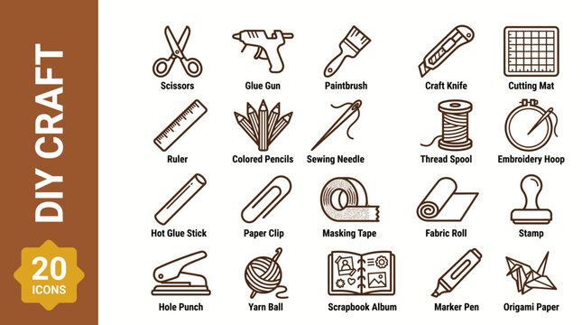 Collection of 20 DIY craft tools and supplies line icons with labels, including scissors, glue gun, ruler, and thread spool on a white background.