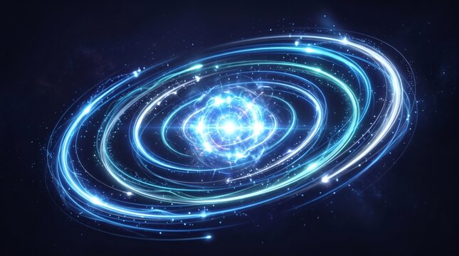 A vibrant blue abstract cosmic spiral galaxy or atomic structure with glowing rings and energy.