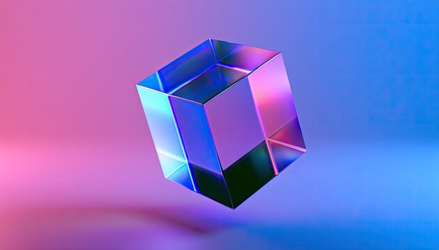 Geometric glass cube refracts light, casting colorful shadows on a gradient background
