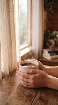 Hands holding a warm mug of coffee by a sunlit window with soft curtains and a rustic wooden table.