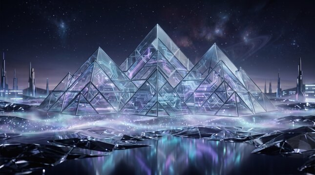 Futuristic crystalline pyramids reflecting in a shimmering liquid under a cosmic night sky with distant city lights.