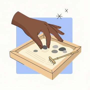 Hand touching stones in a small zen garden sand tray isolated on white background, illustration