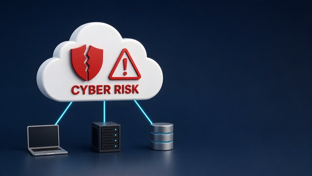 Cloud computing cybersecurity risk concept illustrating a broken security shield and warning sign over connected database server and laptop devices