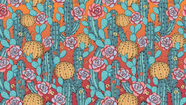 Vibrant seamless pattern featuring various cacti and succulent plants with pink flowers against a warm gradient background, perfect for desert-inspired designs.