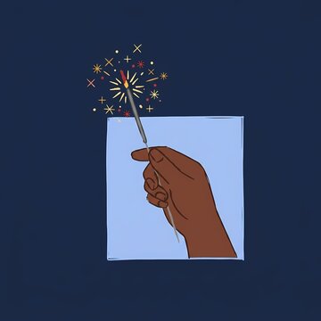 Hand holding a bright burning sparkler on a blue square isolated on white background, illustration